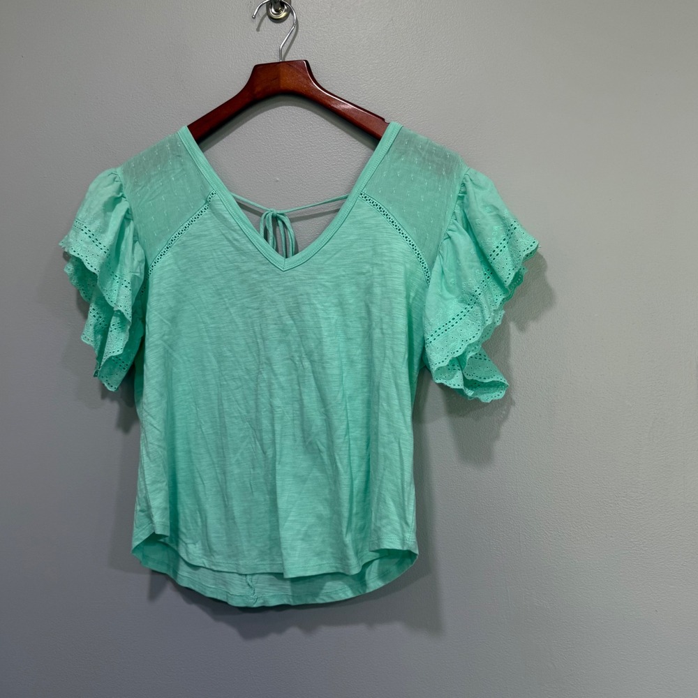 Thread & Clover‎ Women Ice Green Eyelet Flutter Sleeve V-Neck Top  L boho